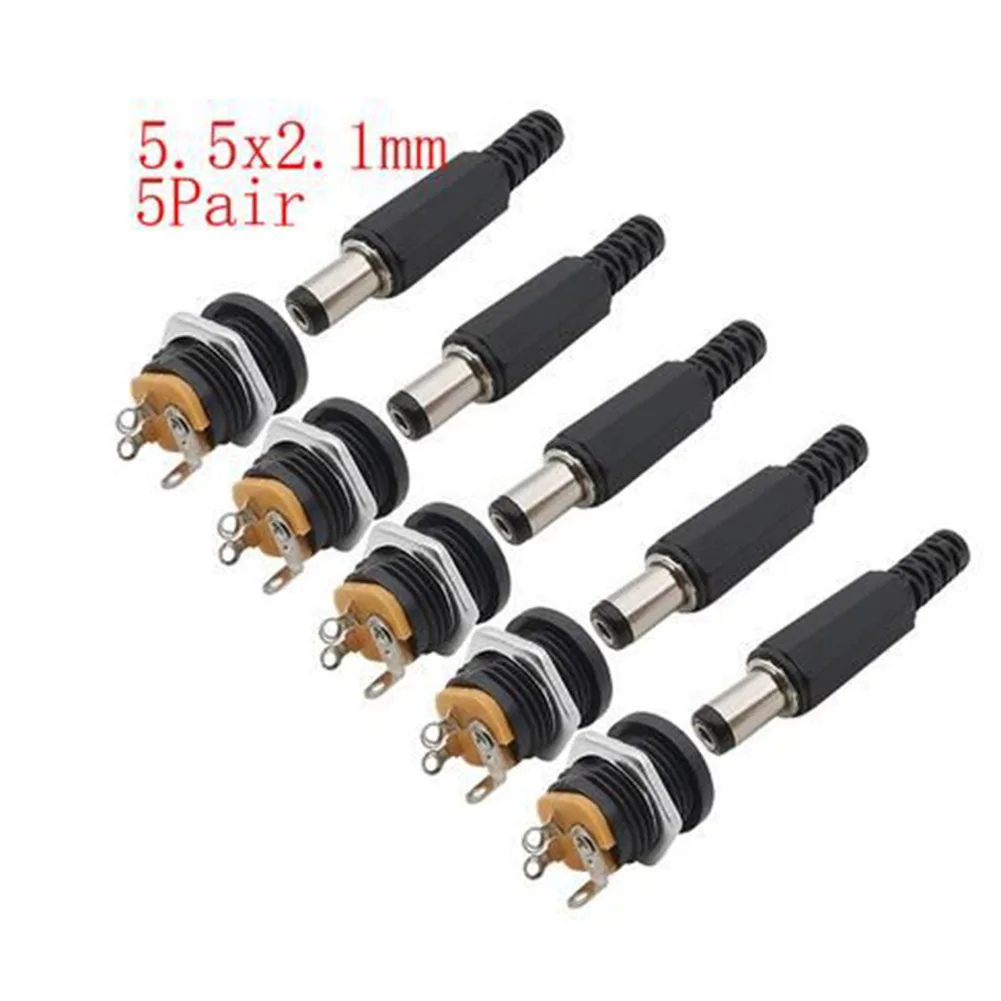 Socket DC Power Plug 12V Adapter 1A-5A 5 Pair Barrel Jack Black Connector Male Female Socket Panel Quick Connect