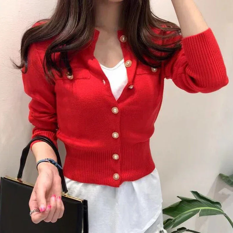 Sweater Knitted Cardigan Button Jacket 2024 Autumn Winter V-neck Long Sleeve Casual Short Tops For Women Sweater Beige White