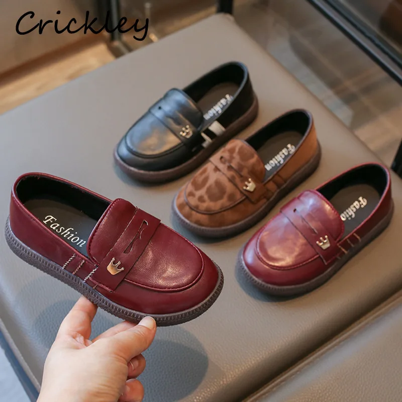 Solid Leopard Children Loafers PU Leather Striped Slip On Boys Girls Flats Shoes Anti Slip British Kids Casual Flats