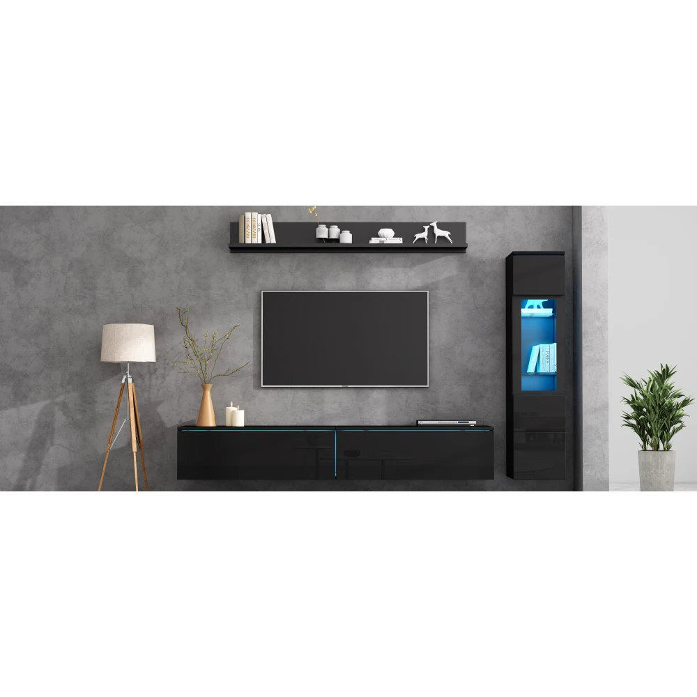 3-teiliges TV-Wohnzimmer-Wandset mit LED-Beleuchtung, Hochglanz-Möbelset, TV-Schrank, Vitrine und Hängeregal, für Fernseher bis zu 80 Zoll – Detail 14