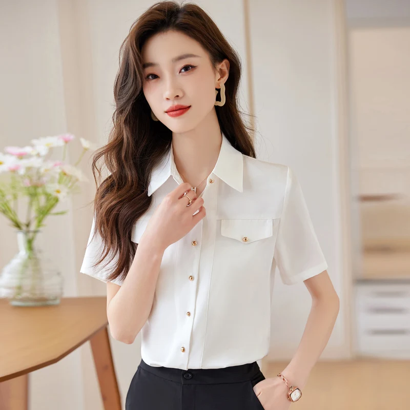 NAVIU Fashion Women Shirt New Summer Temperament Slim Short Sleeve Formal Chiffon Blouses Office Ladies Work Tops Blue