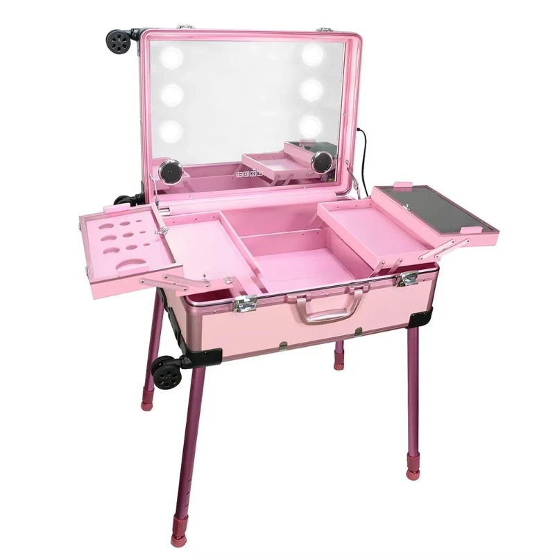 

Aluminum 4 Wheels Professional Rolling Cosmetic Makeup Suitcase Train Case With Lighted Mirror Led Light