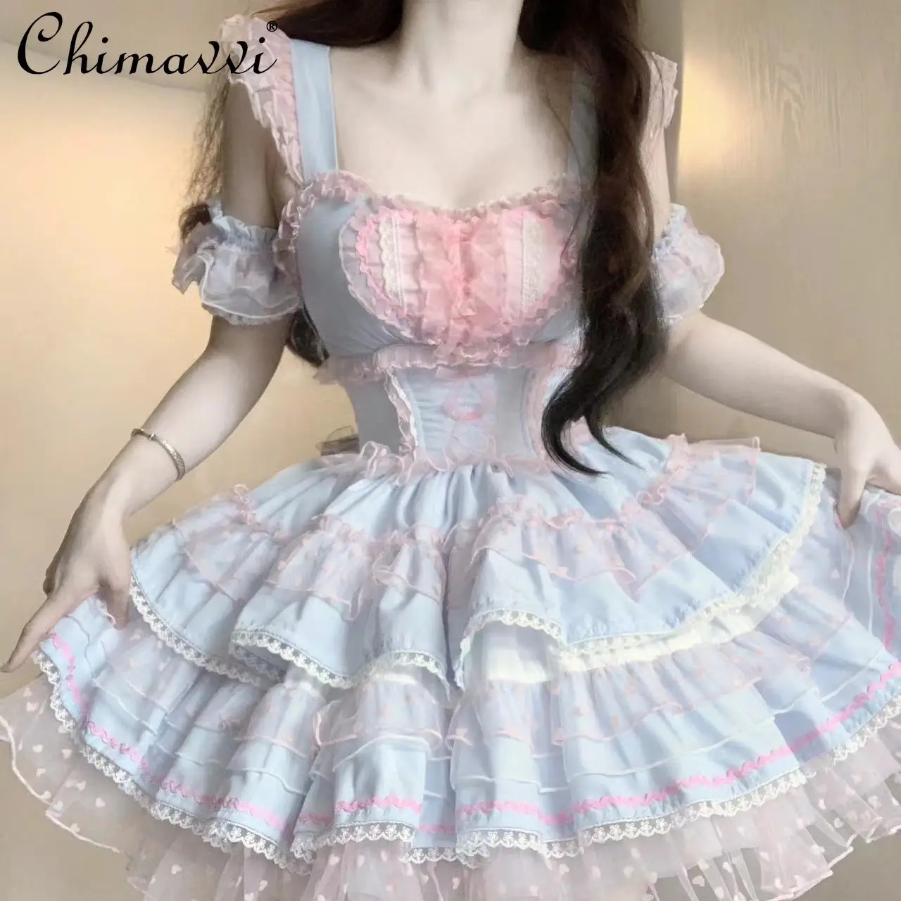 Lolita Style Blue Pink Dopamine Sweet Cute Lace Short Stitching Dress Summer New Girly Style High Waist Princess Lady Dress