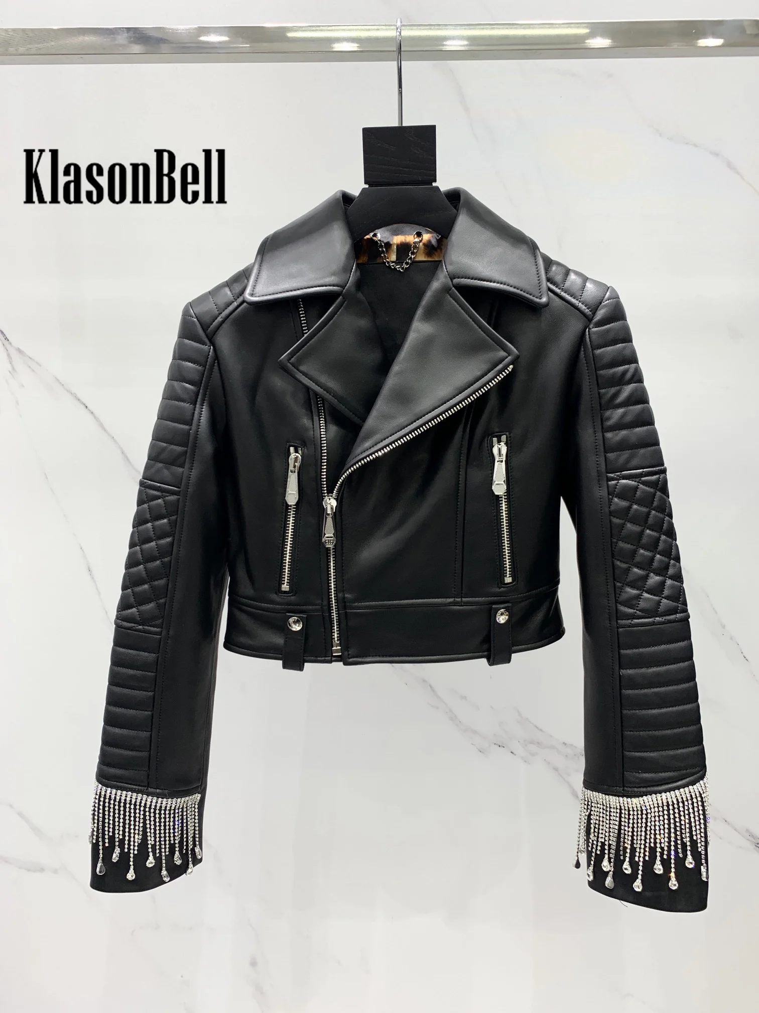 11.6 KlasonBell Genuine Leather Luxury Temperament Tassel Crystal Diamonds Decoration Zipper Short Sheepskin Jacket Women