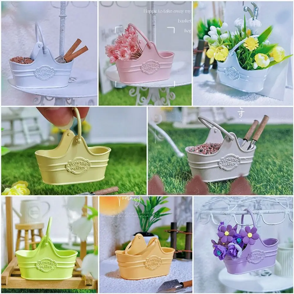 Cesta de cubo de flores para construcción, decoración de jardín de hadas, cesta de casa de muñecas de Metal de alta calidad, cesta de compras multicolor