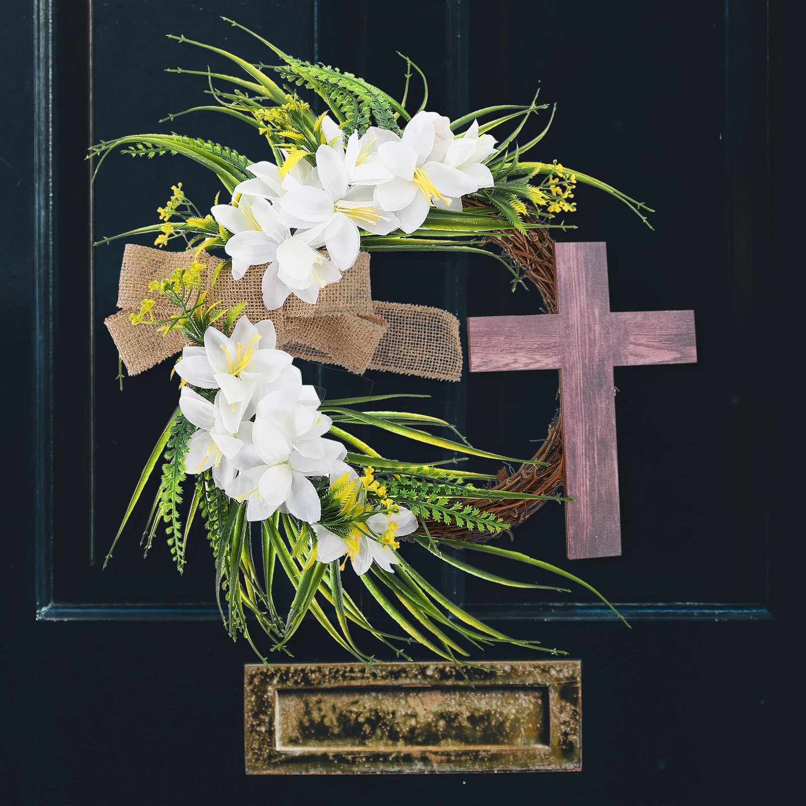 

Charming Wooden Wreath Garland Decoration Cross Church Home Festive Ornament 40cm