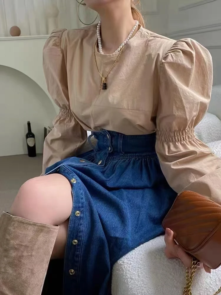 تنورة ميدي نسائية بخصر عالٍ وقصة A-line، بتصميم ريترو مغسول، بزر واحد، فضفاضة، مطوية، بتصميم مدمج، من الدنيم المطوي، عصرية، م...