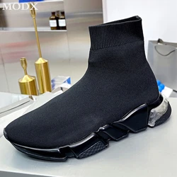 Stretch Fabric High-top Sock Shoes Men New Thick Sole Platform All-match Sneakers Women Slim Slip-on Brand Flats Sports Shoes