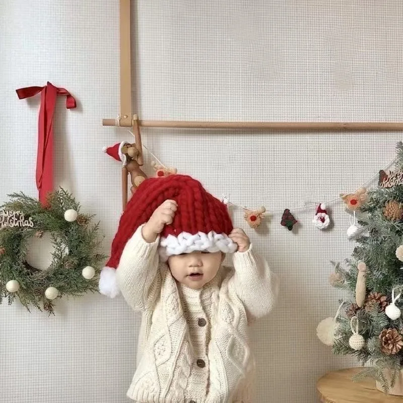 Gorro de Papá Noel bonito y moderno para mujer, gorro de punto grueso de invierno, gorro de punto rojo grueso y cálido para vacaciones