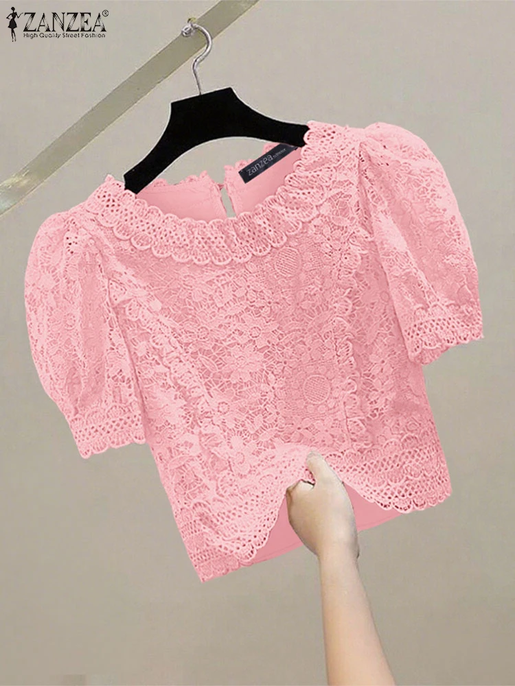 

ZANZEA Fashion Lace Blusas Women Short Sleeve Summer Blouses 2025 Casual Loose O Neck Tops Oversized Solid Color Tunic S-3XL