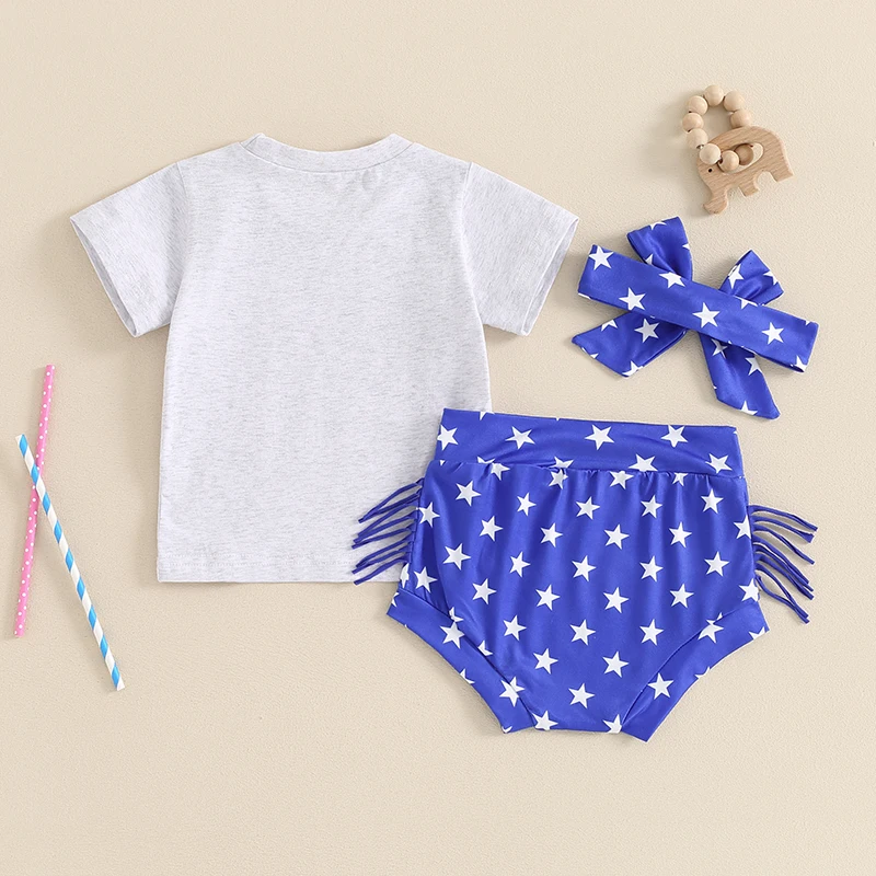 

Baby Girl 4th of July Outfits Short Sleeve Tops Tassel Star Shorts Bloomers Headband Clothing Set