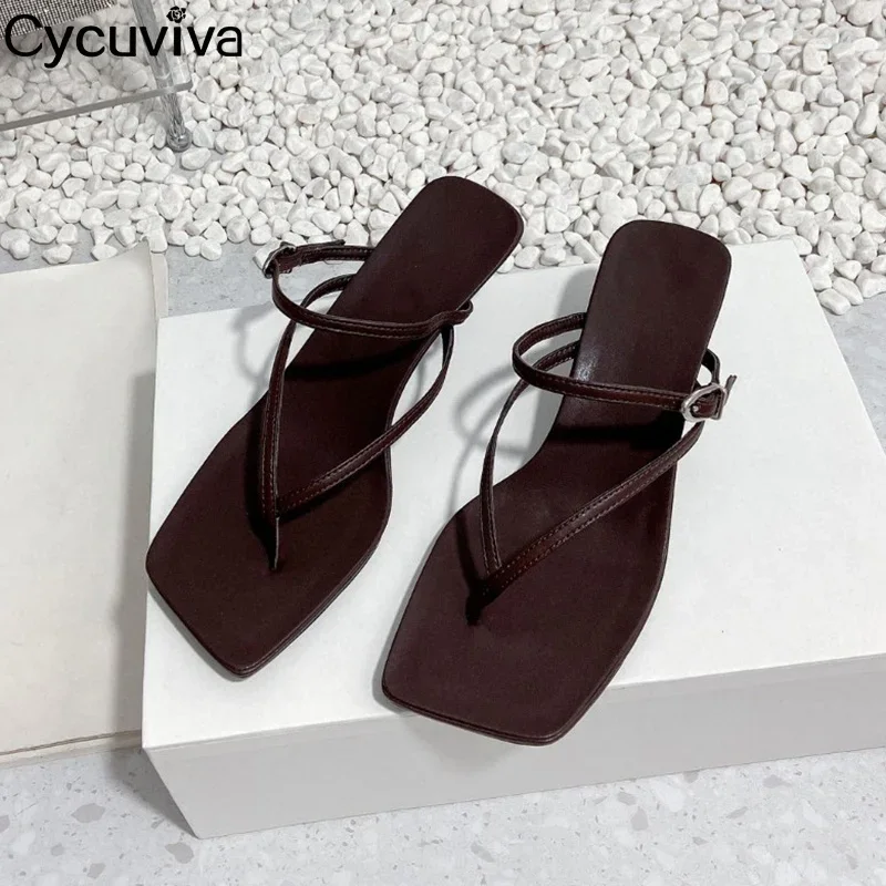 New Flip Flops Kitten Heels Slippers Women Summer Black Buckle Genuine Leather Flat Sandals Party Dress Beach Slippers Women