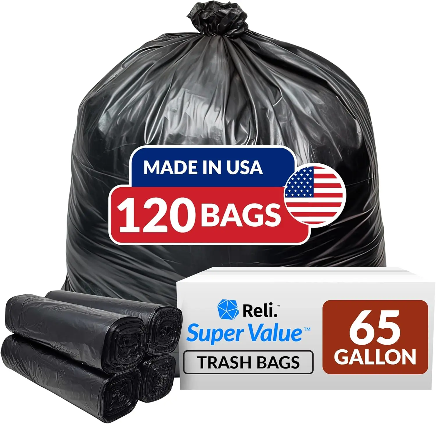 

Heavy Duty 65 Gallon Trash Bags, 120 Count Bulk Black Garbage Bags Made in USA for Multi-Use