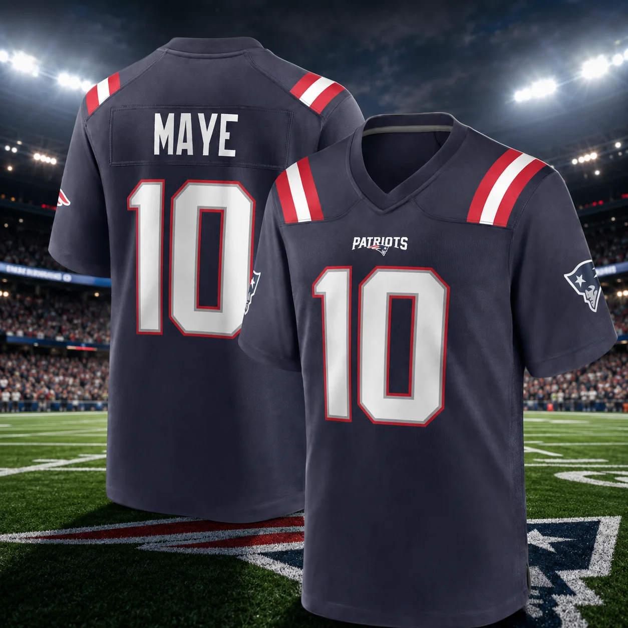Patriots Maye No.10 Double‑Sided Print Football Jersey, Men V‑Neck Short Sleeve Game Uniform, Breathable Bird‑Eye Mesh Fan Suppo
