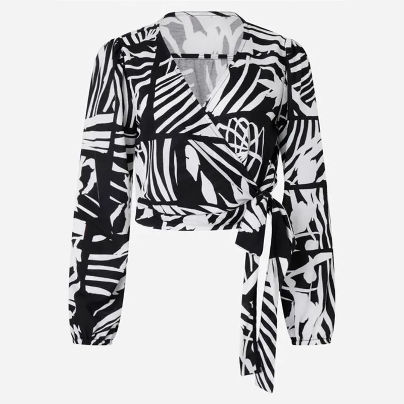 

Женская осенняя новая мода 2025, элегантная рубашка с длинными рукавами и v-образным вырезом с принтом и перекрестной завязкой