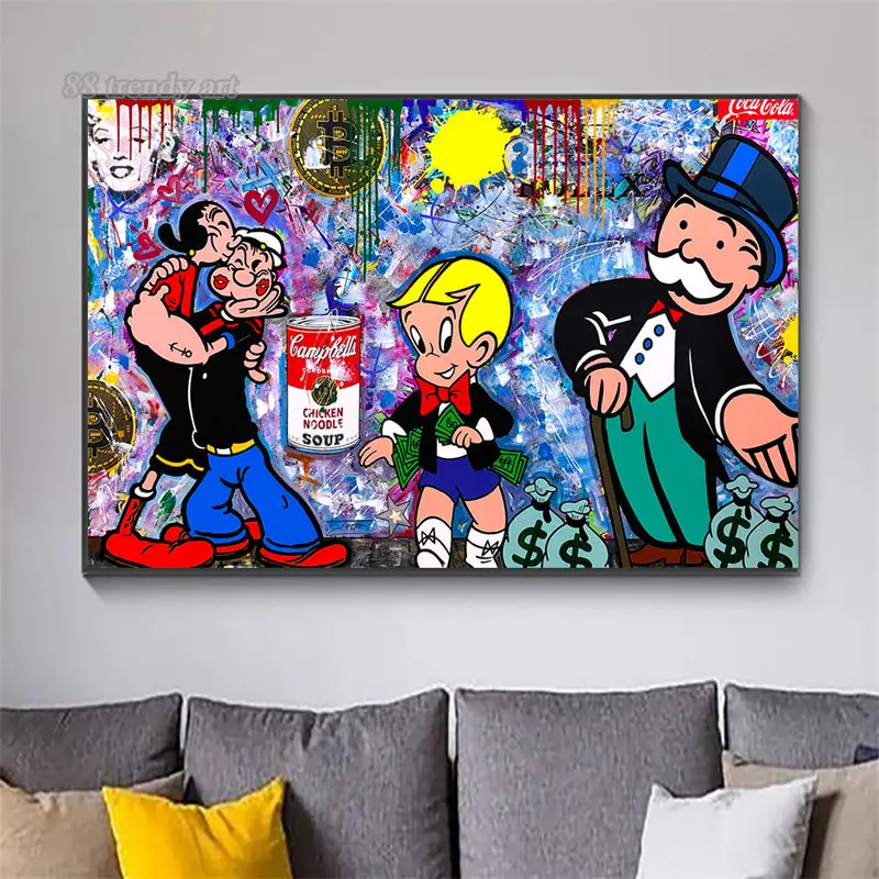 Cartoon Street Graffiti Poster Campbells Soup Alec Monopoly Rich Man Bitcoin Pop Art Canvas Painting Wall Art Picture Home Decor