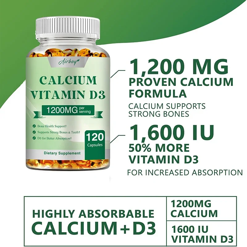 Calcium + Vitamin D3 Capsules - for Muscle Nerve Health Support Bone Density Teeth and Skin Heart Health