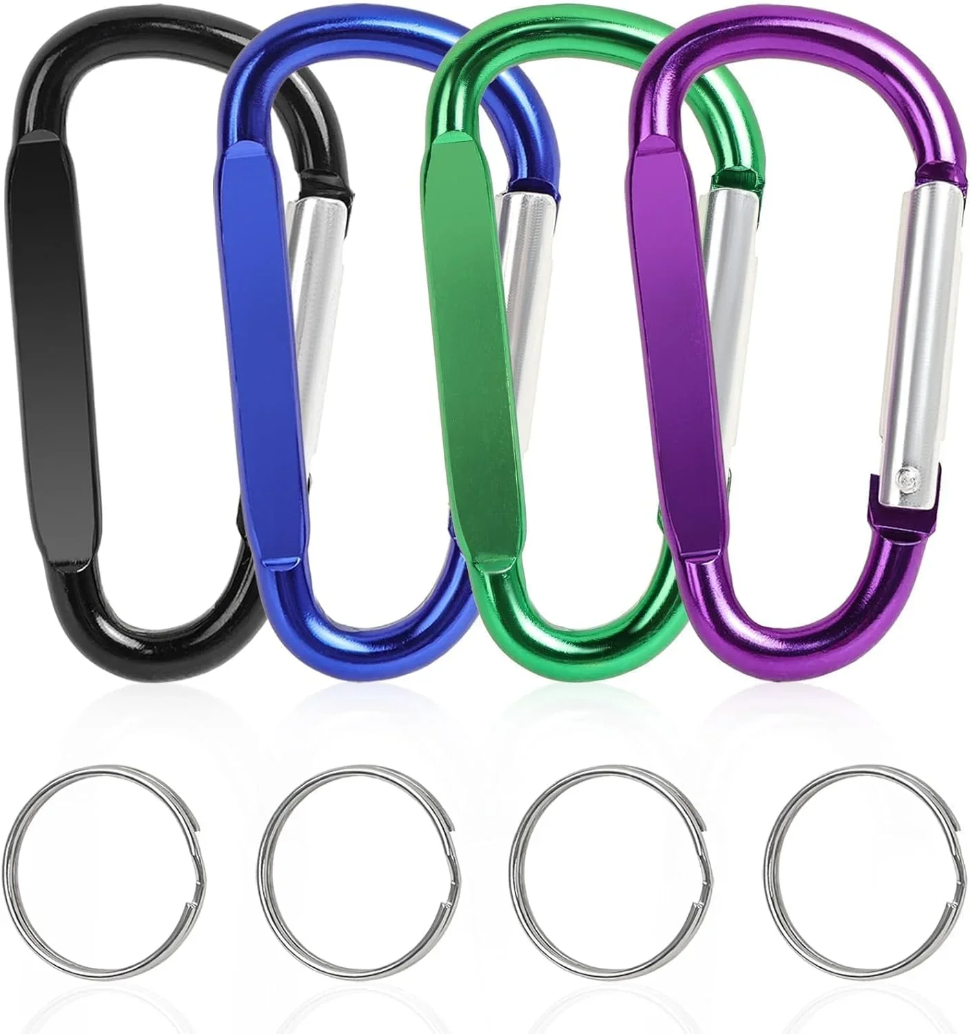 

4PCS Black Carabiner Caribeaner Clip Aluminum D Ring Shape Carabeaner with 4PCS Keyring Keychain Hook