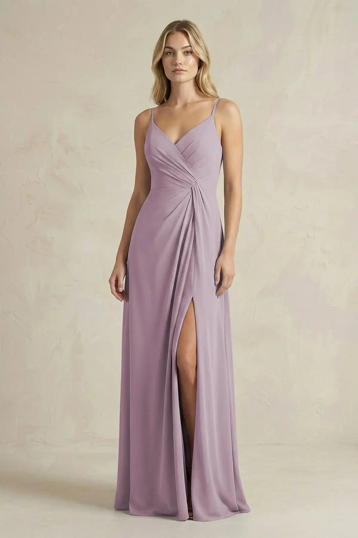 Spaghetti Strap Chiffon Bridesmaid Dress V Neck Pleated Bodice Side Slit Corset Back A Line Floor Length Formal Evening Gown
