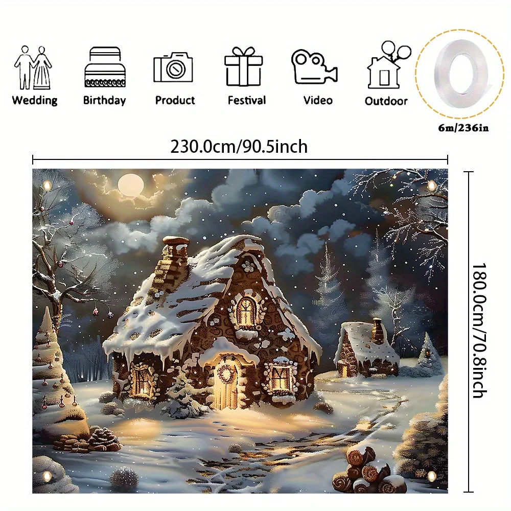 Merry Christmas Retro Log Cabin Banner - Durable polyester, easy to hang for winter snow scenes, holidays and the New Year