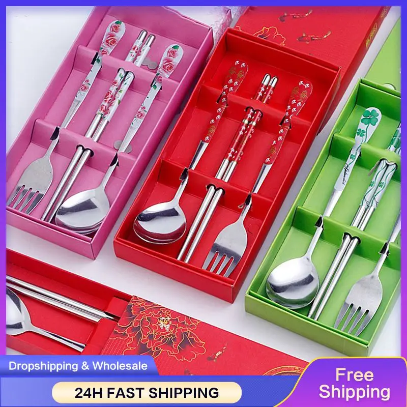 Blue And White Porcelain Stainless Steel Tableware Easy To Clean High Quality Dinner Set Box Fork Chopsticks Spoon Tableware