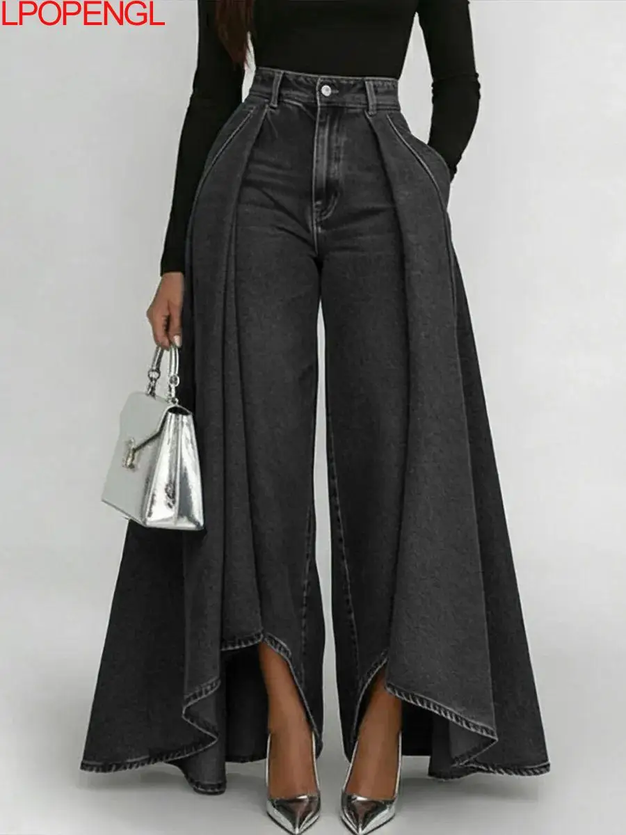 Fashion Solid Color Temperament Spring And Summer Denim Wide Leg Pants New Women's High Waisted Loose Irregular Vintage Jeans