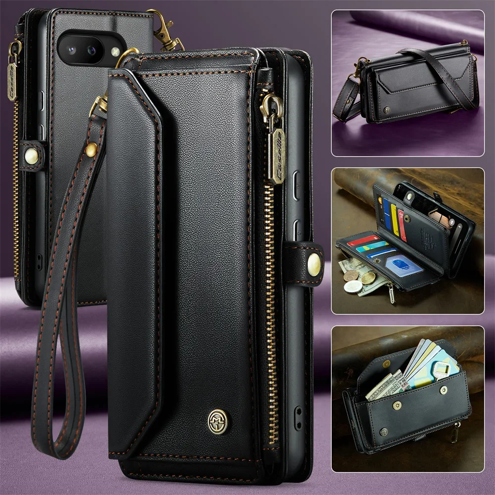 

Роскошный чехол-кошелек с откидной крышкой для Google Pixel 9A 9ro XL 8 Pro, кожаный ремешок на молнии, держатель для карт, чехол-кошелек для телефона