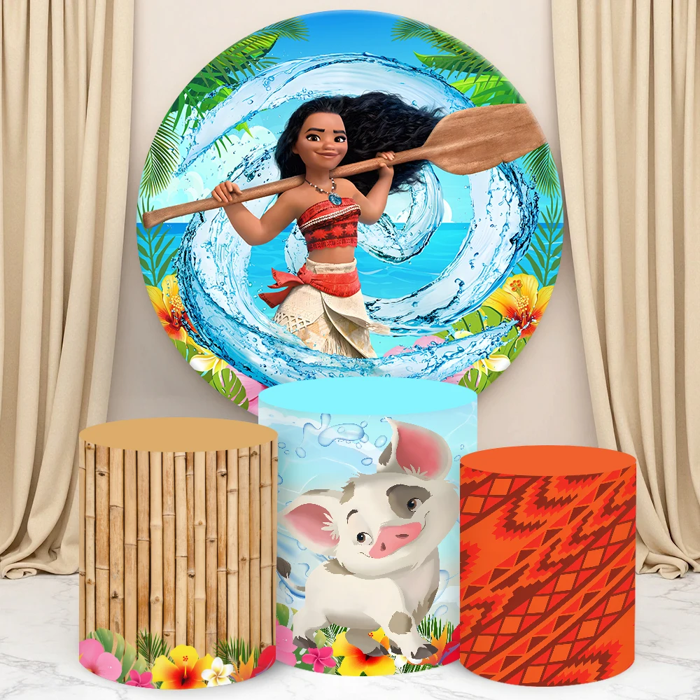 Disney Moana Theme Round Cylinder Backdrop Cover for Kid Birthday Party Cylindrical Cake Table Cover Party Photograph Decoration