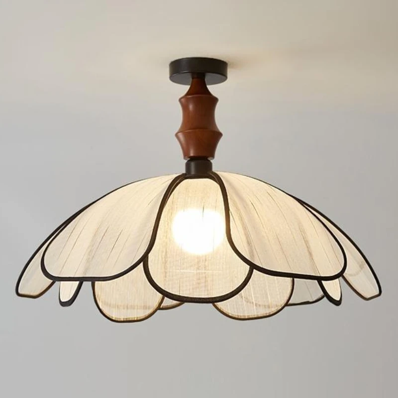 

French Designer Wooden LED Ceiling Light White Petal Fabric Lampshade Living Room Kitchen Bedroom Restaurant Retro Hanging Lamps