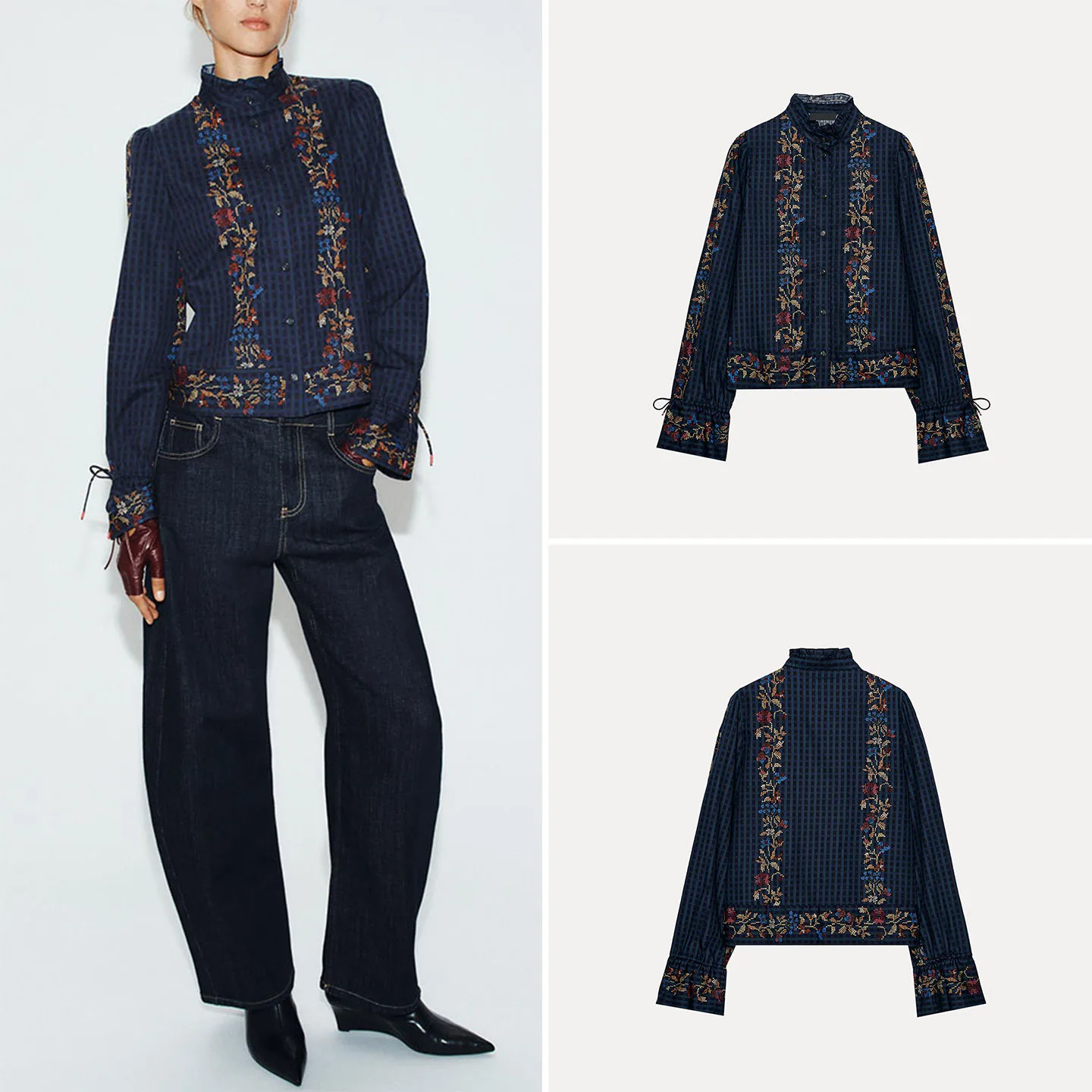 Fashionable Long Sleeve Print Shirt Women's Casual Loose Fit Button up Collar Stand Collar Multi Layer Decoration Shirt