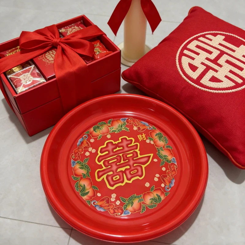 Red round Plastic Fruit Serving Tray for Wedding Snack Platter Tea Ceremony Festive Celebration round Shape Kitchen Dining Acces