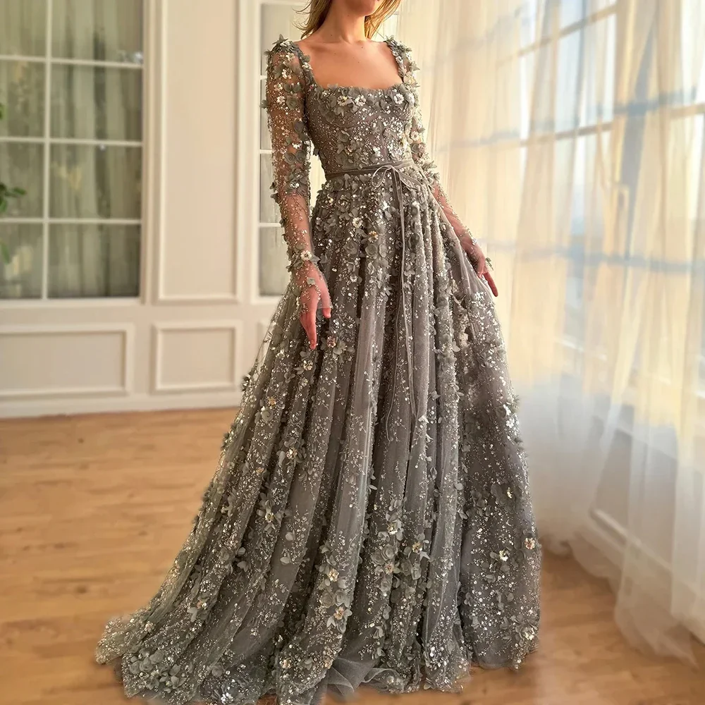 

Gorgeous Gray Evening Dresses Appliques Sequined Formal Occasion Long Sleeve Draped Floor Length Sweep Train Prom Dress 2024