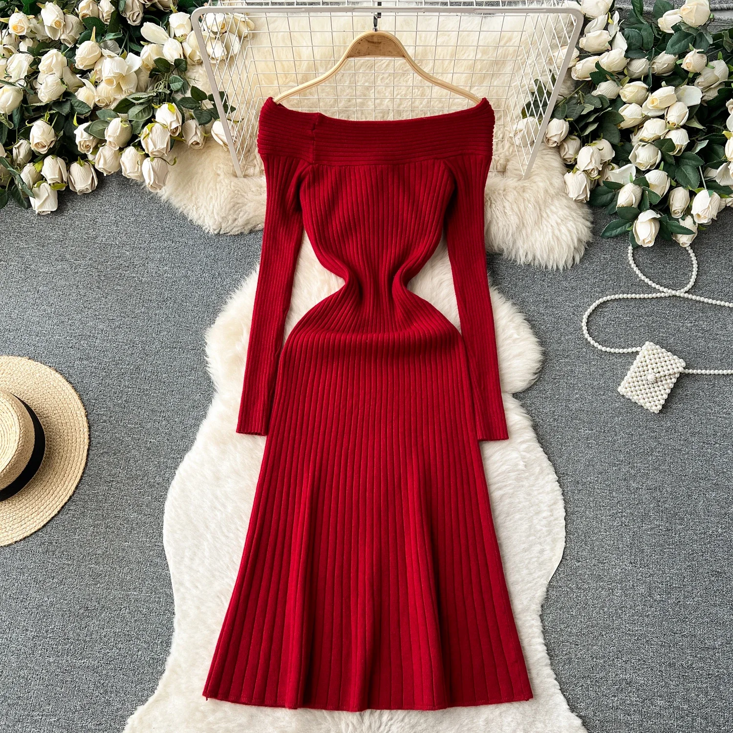 Off the Shoulder Knitted Long Dress Female Slash Neck Long Sleeves Elastic Waist Fashion Casual Slim Warm Sweater Dress