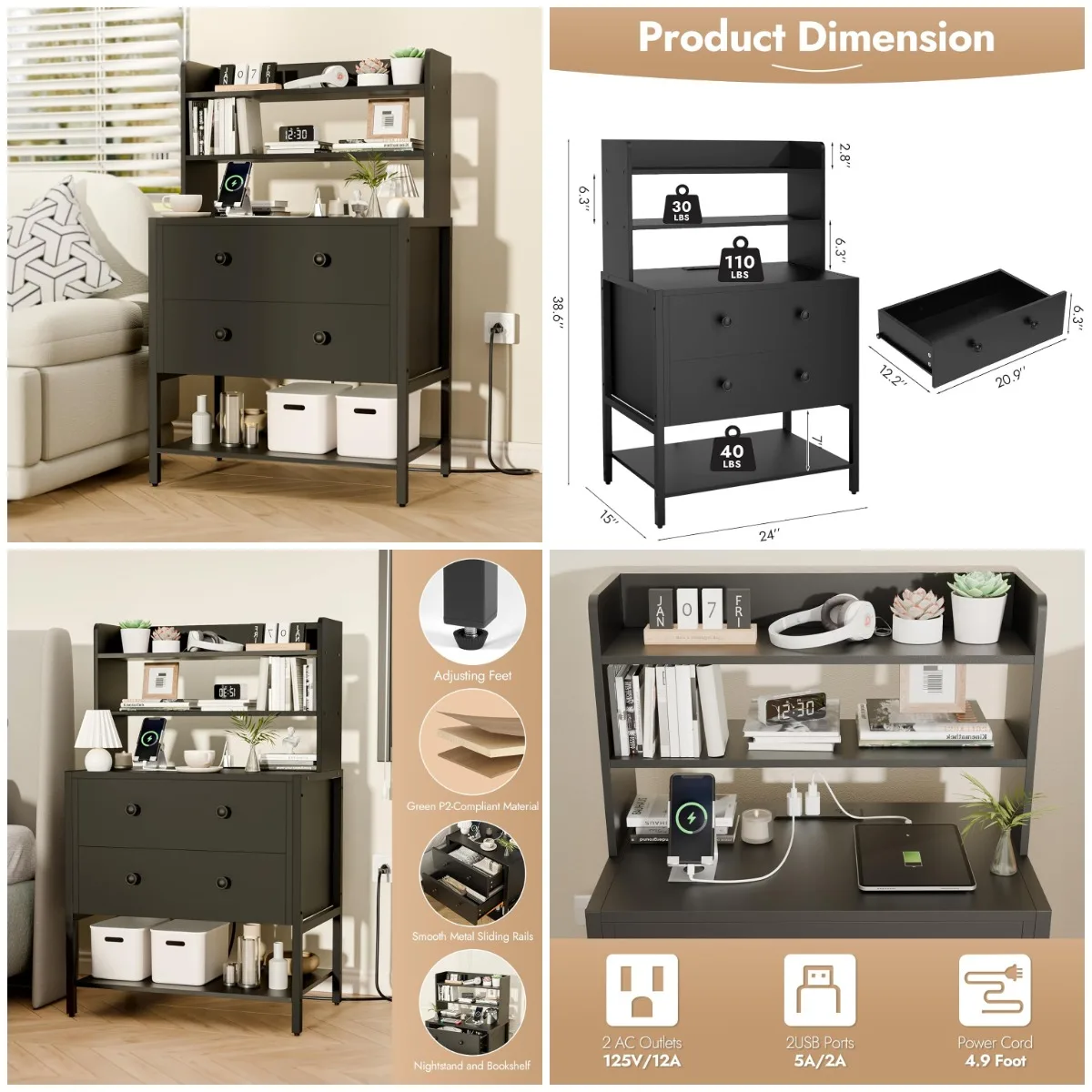 

24' Black Wooden Night Stand with 2 Drawers, 4-Tier Shelves & Charging Station – Fits Bedroom, Living Room, Office