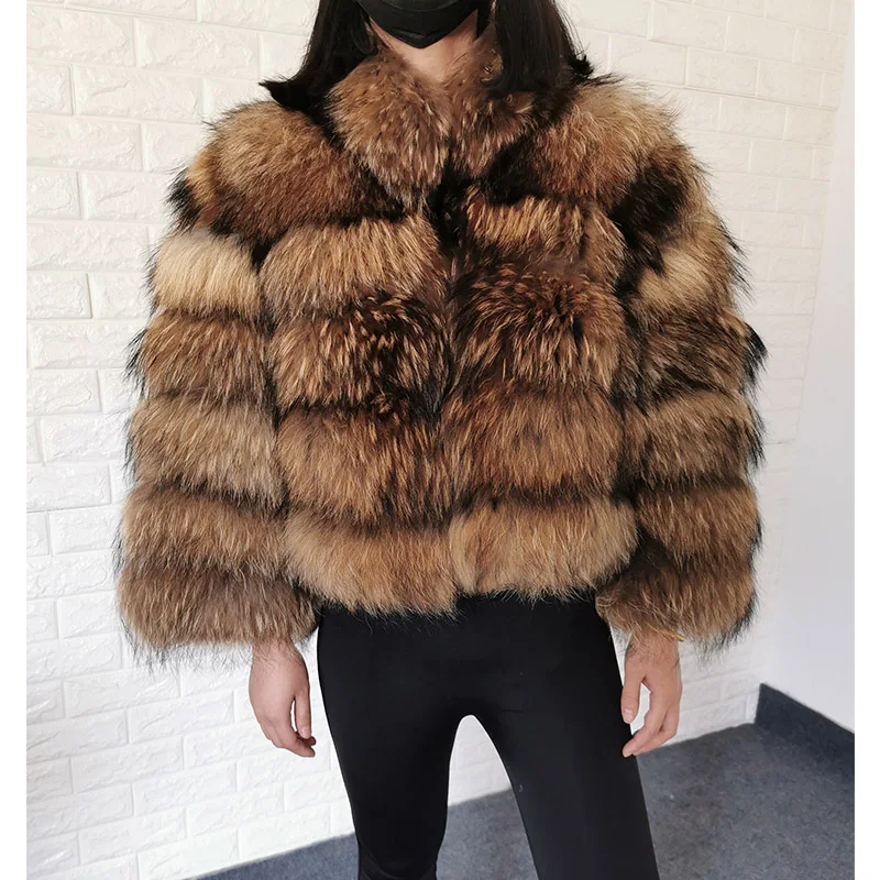 Maomaokong 2023 Natural Raccoon Fur Jacket Real Fox Fur Coat Women Winter Leather Fur Luxury Beige Female Clothes With collar