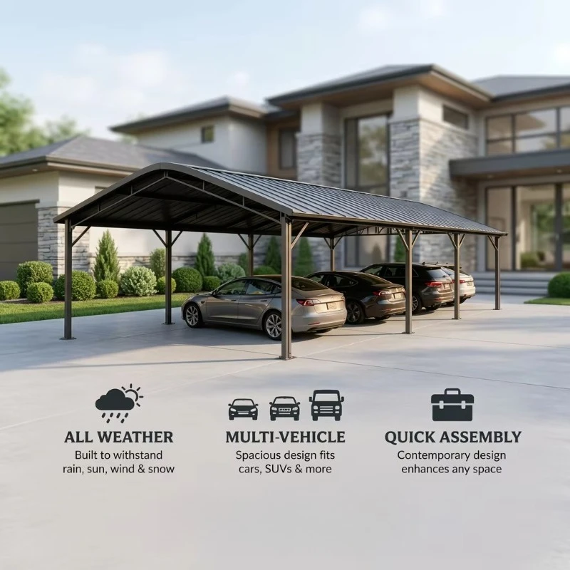 Open Side Galvanized Steel Carport Large Span Outdoor Car Parking Shelter