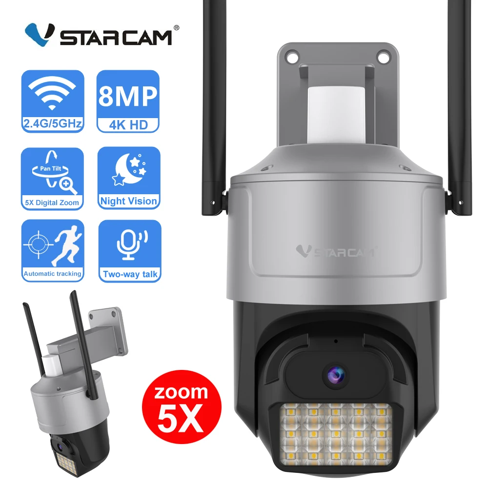 

Vstarcam 8MP 4K HD Outdoor IP Camera 2.4/5GHz WiFi PTZ Camera Security 5X Zoom Human Detection Full Color Night Vision Audio Cam