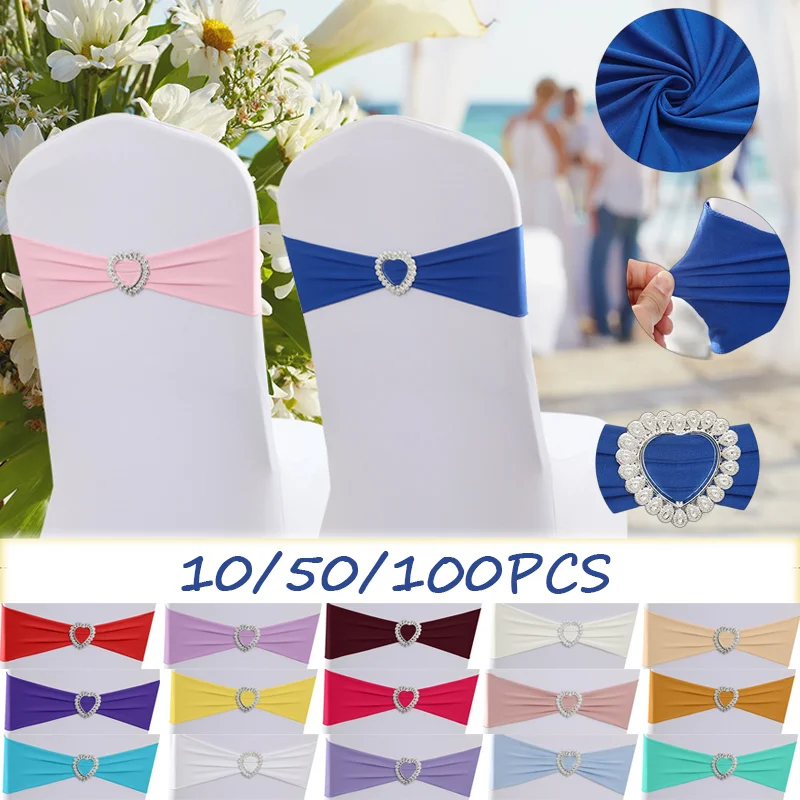 10/50/100PCS Universal Elastic Chair Sashes with Heart Buckle Bow No-Tie Ribbon Ties for Wedding Party Banquet Hotel Home Event