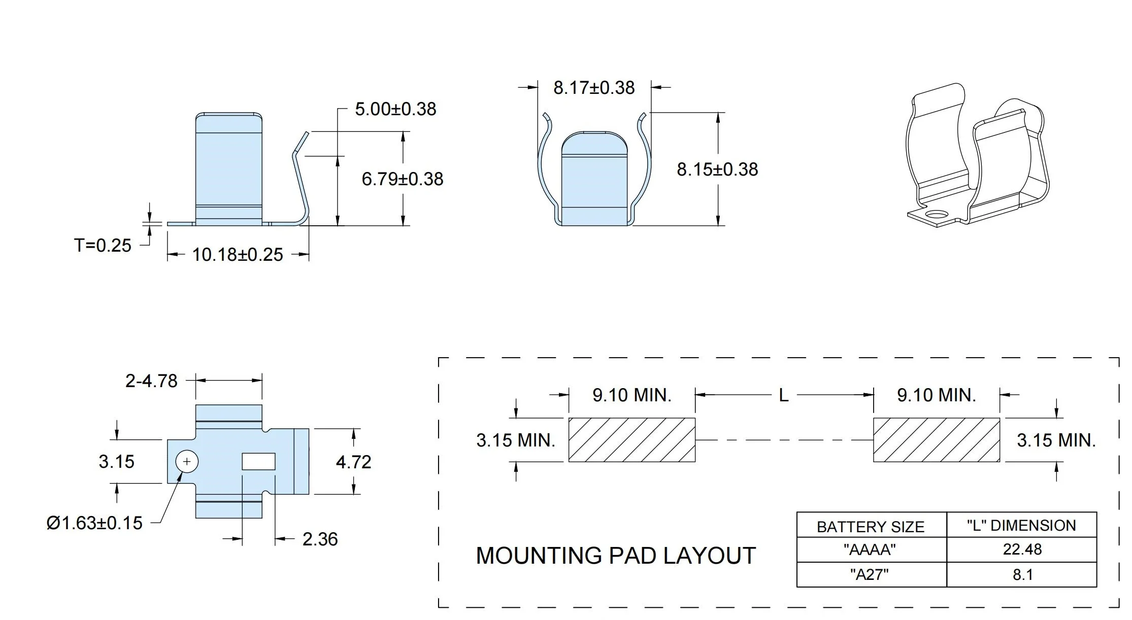 Spring Steel Nickel Plated AAAA Battery Holder SMT AAAA, A27 Battery Contact Clip P/N 5000