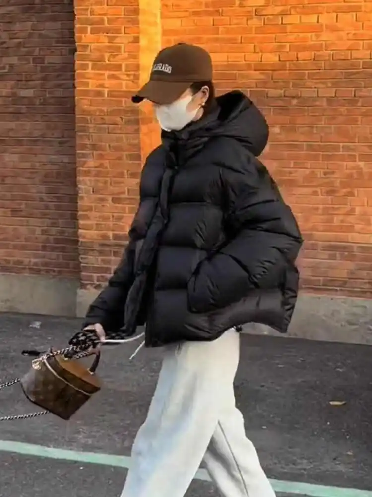 

Women's Short Thickened White Duck down Puffer Jacket with Hat Black Turtle Back Design Winter New Arrival Bread Coat Outerwear