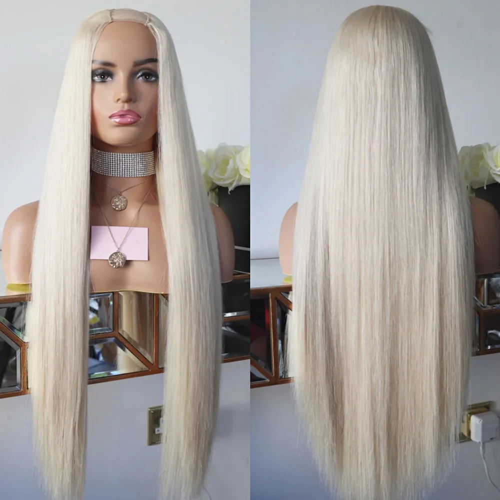 FENJUN Glueless White Color Platinum Blonde U Part Wigs Human Hair Silky Straight Brazilian Virgin Hair for Women High Density