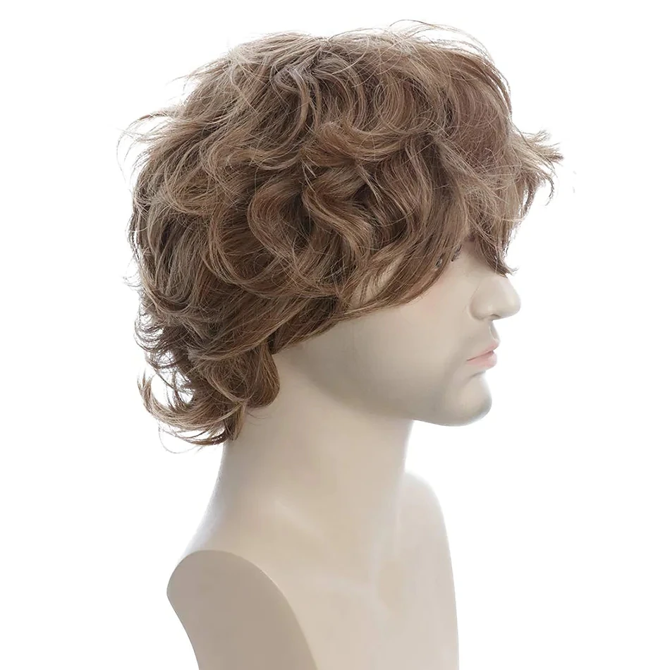 Synthetic Wig Curly Side Part Wig Short Brown Synthetic Hair Wigs Men‘s Cosplay Party Fashion Wig