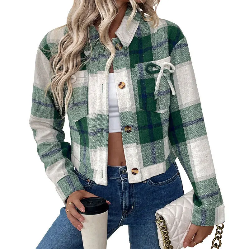 

Short Plaid Cardigan Vintage Wool Bow Tie Women