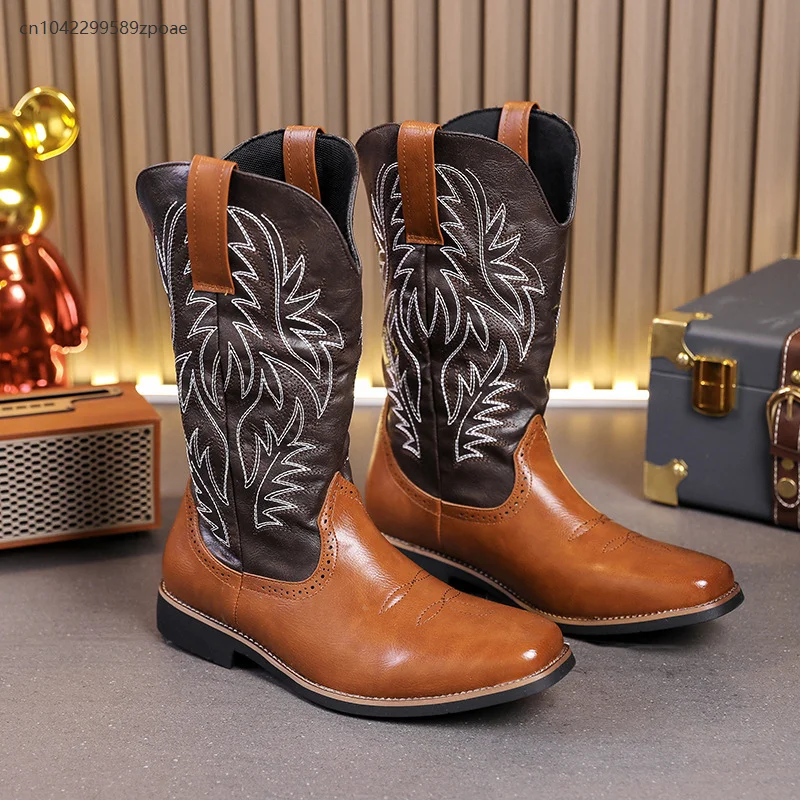 Męskie buty vintage na jesień, kowbojskie buty robocze w stylu western, haftowane długie buty jeździeckie z bocznym zamkiem, buty cosplay wikinga z PU skóry.