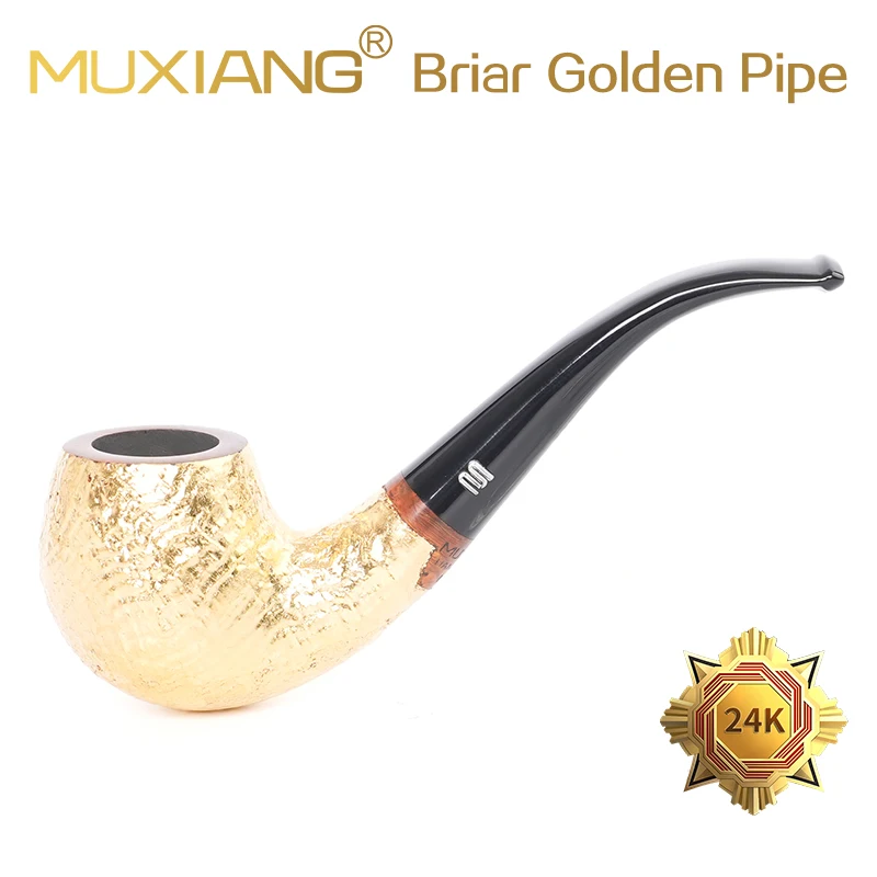 MUXIANG Briarwood Tobacco Pipe Hand-carved Pipe Bowl Gold Plated Curved Handle Acrylic Pipe Mouth 9mm Pipe Channel