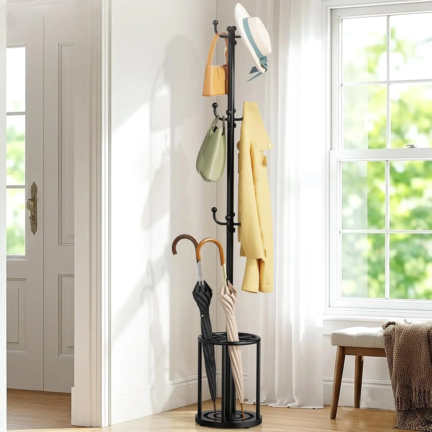 

Черная напольная вешалка для одежды с держателем для зонтов, подставкой для шляп и 12 крючками, для прихожей и офиса.