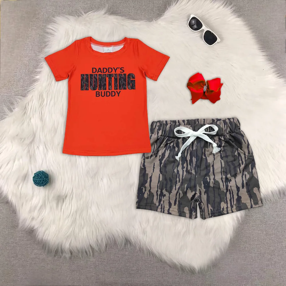 

BT0672+SS0201 Summer kids clothes boys daddy's hunting orange short sleeve top Camouflage shorts sets Boutique baby boys clothes