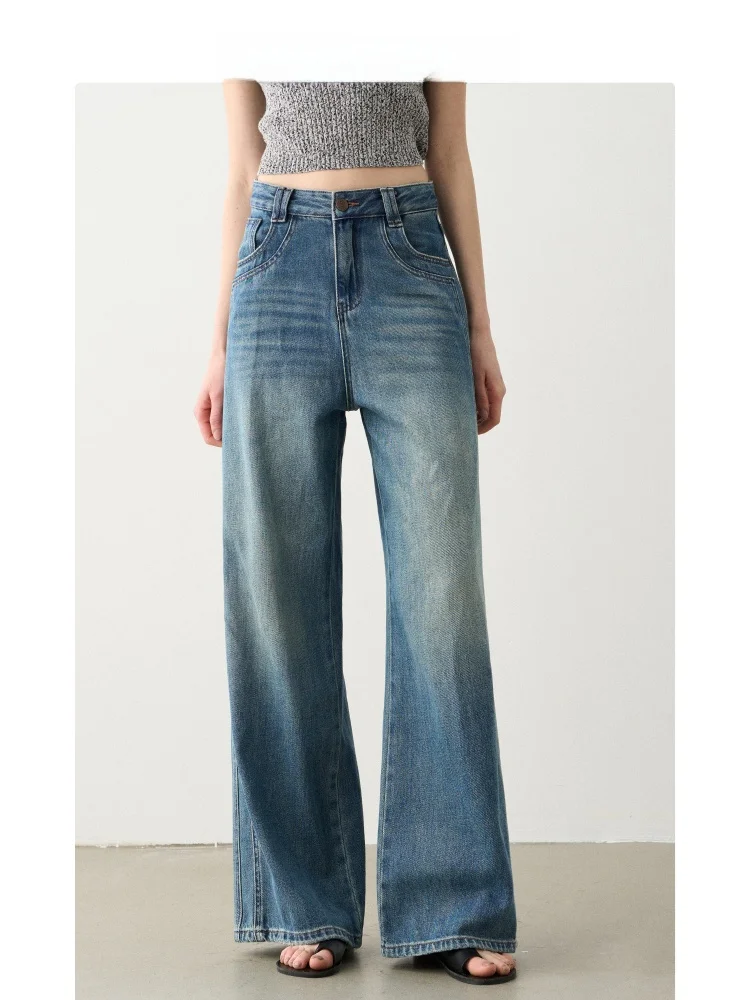 

RQIAJ Wide Leg Straight Cut Denim Jeans Retro Design Slimming Loose Floor Length Pants Women Casual High Waist Cotton Stretch