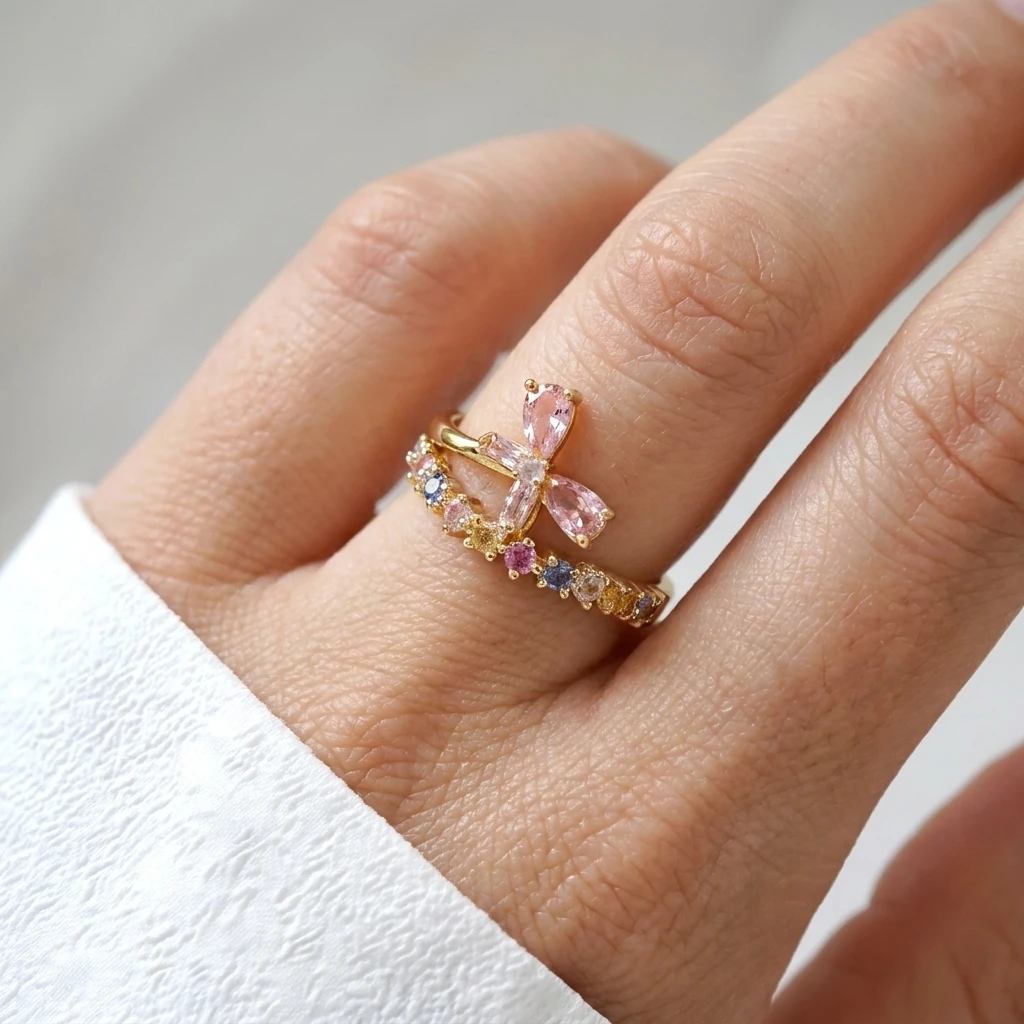 

French Fashion Floral Copper Embedded zircon Open Finger Ring Women's Sweet Style Daily Commute Versatile Wear Hand Jewelry