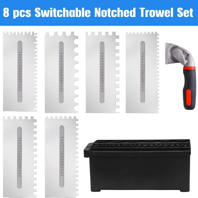 6-In-1 Stainless Steel Tile Notched Trowel Set Replaceable Blades Portable Wall Tiling Spreader Tool for Plastering